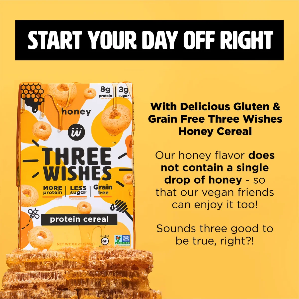 Three Wishes Gluten Free Protein Cereal, Honey - 8.6 oz