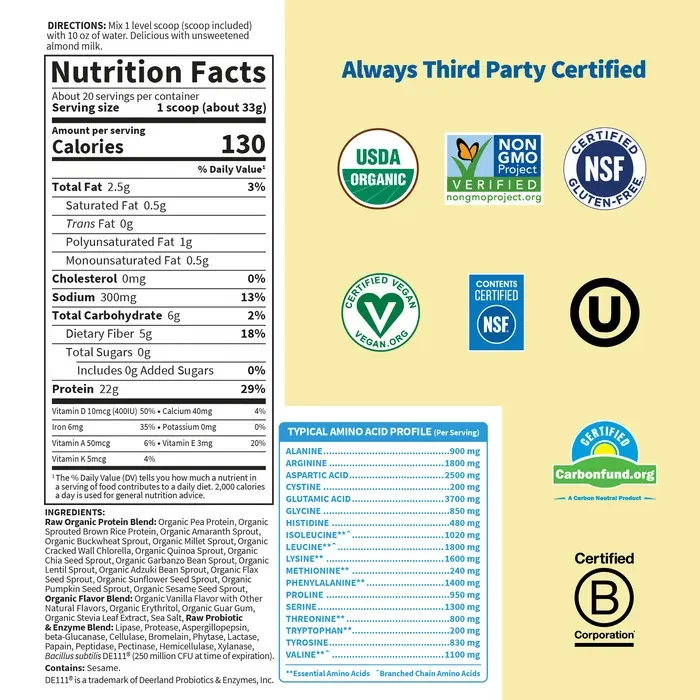 Garden of Life RAW Organic Protein Plant-Based Formula Vanilla - 23.28 oz