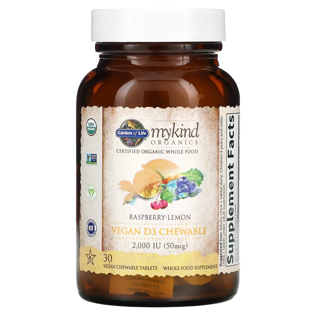 Garden of Life Organics Chewable Vegan D3 Raspberry Lemon - 2000 IU (50 mcg) - 30 Vegan Tablets