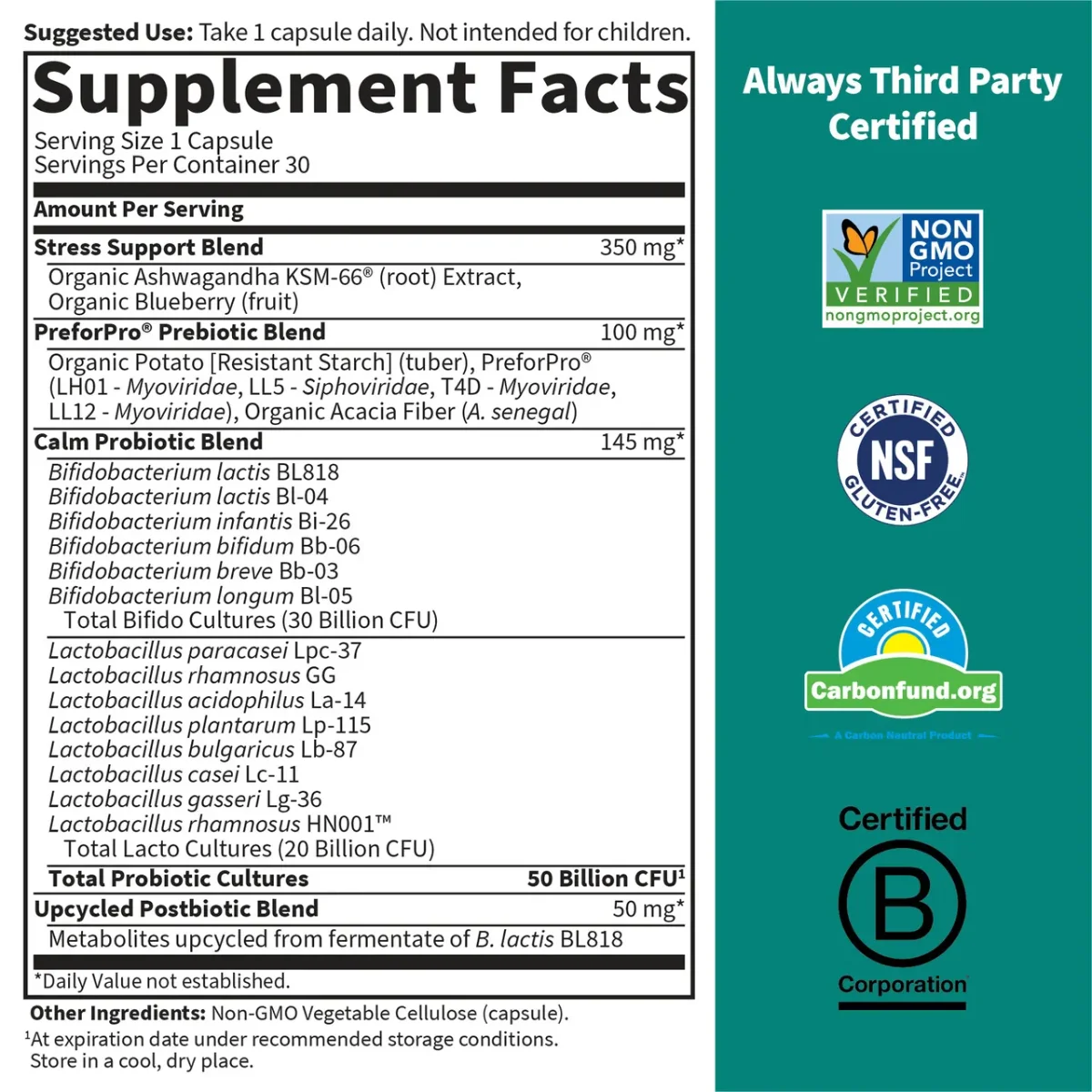 Garden of Life Dr. Formulated Probiotics Calm Pre + Pro + Postbiotics - 50 billion - 30 Vegetarian Capsules