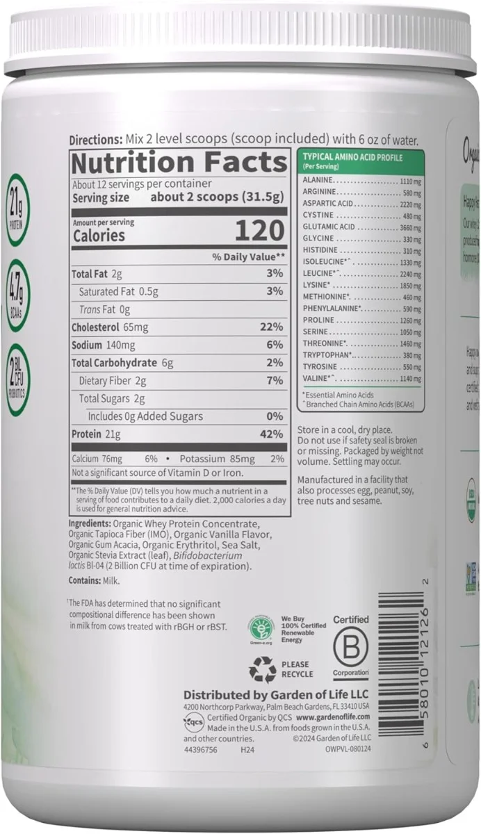 Garden of Life, Organic Whey Protein, Grass-Fed, Vanilla, 13.33 oz (378 g)