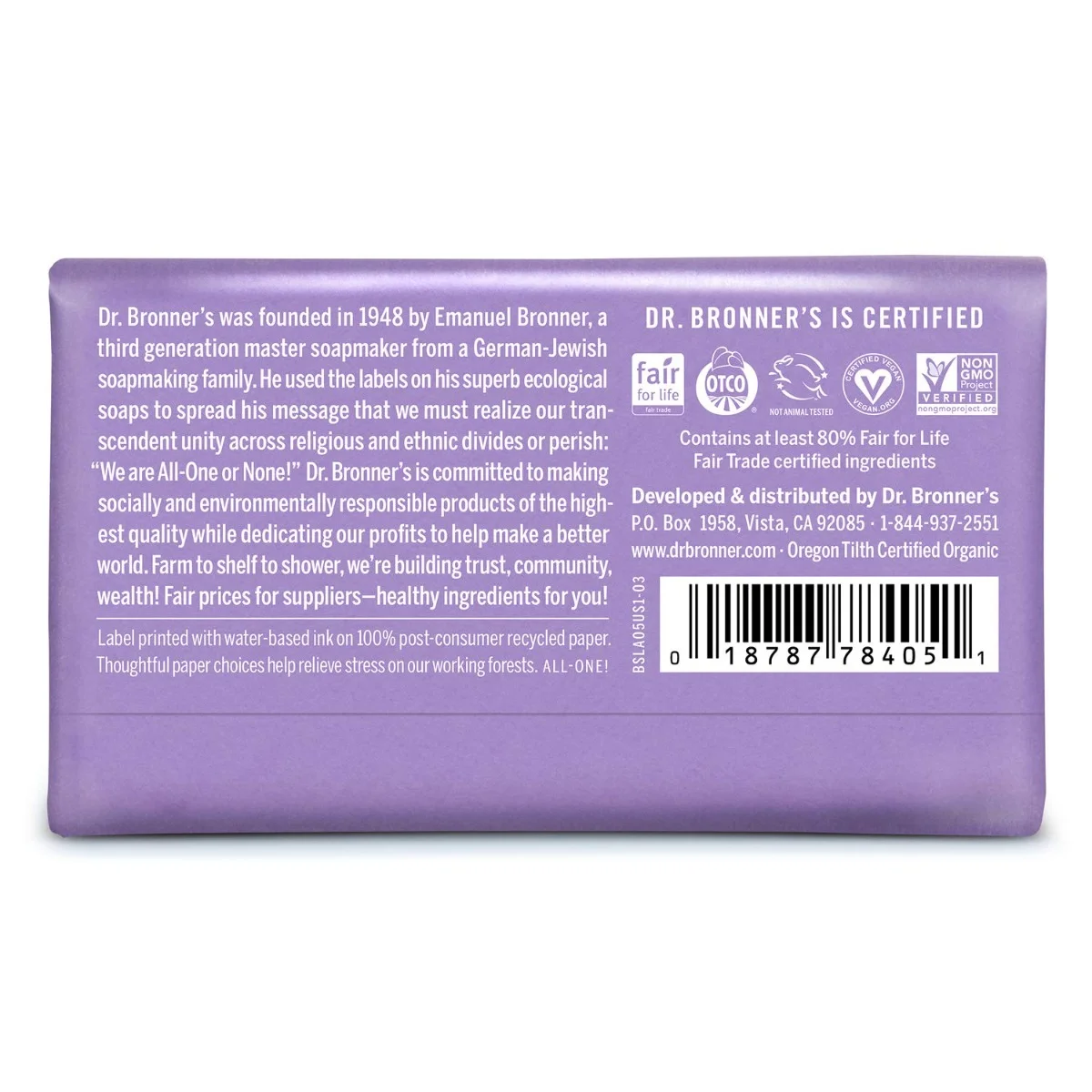 Dr. Bronner's All-One Pure-Castile Bar Soap Hemp Lavender - 5 oz
