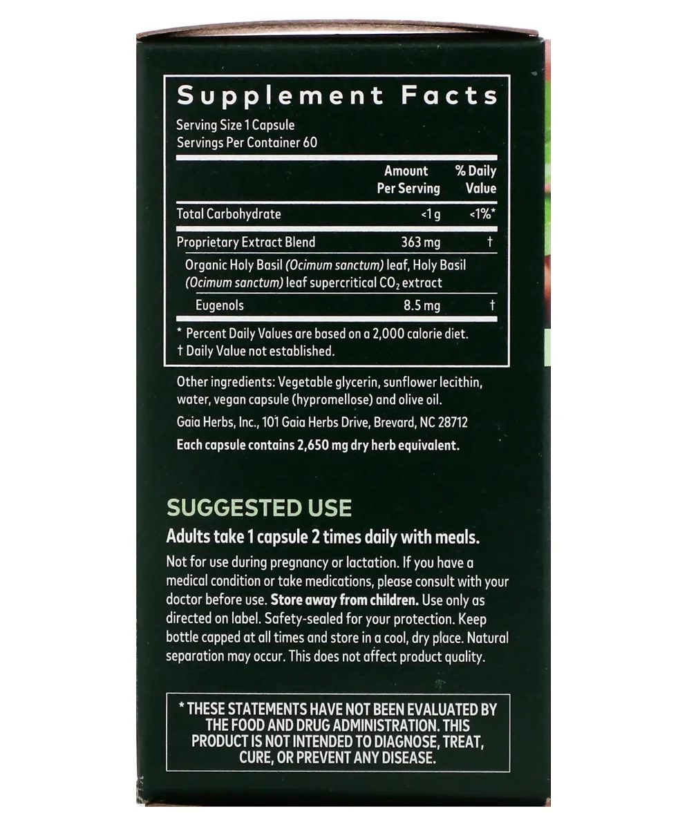 Gaia Herbs Single Herbs Holy Basil Leaf - 60 Vegetarian Liquid Phyto-Caps™