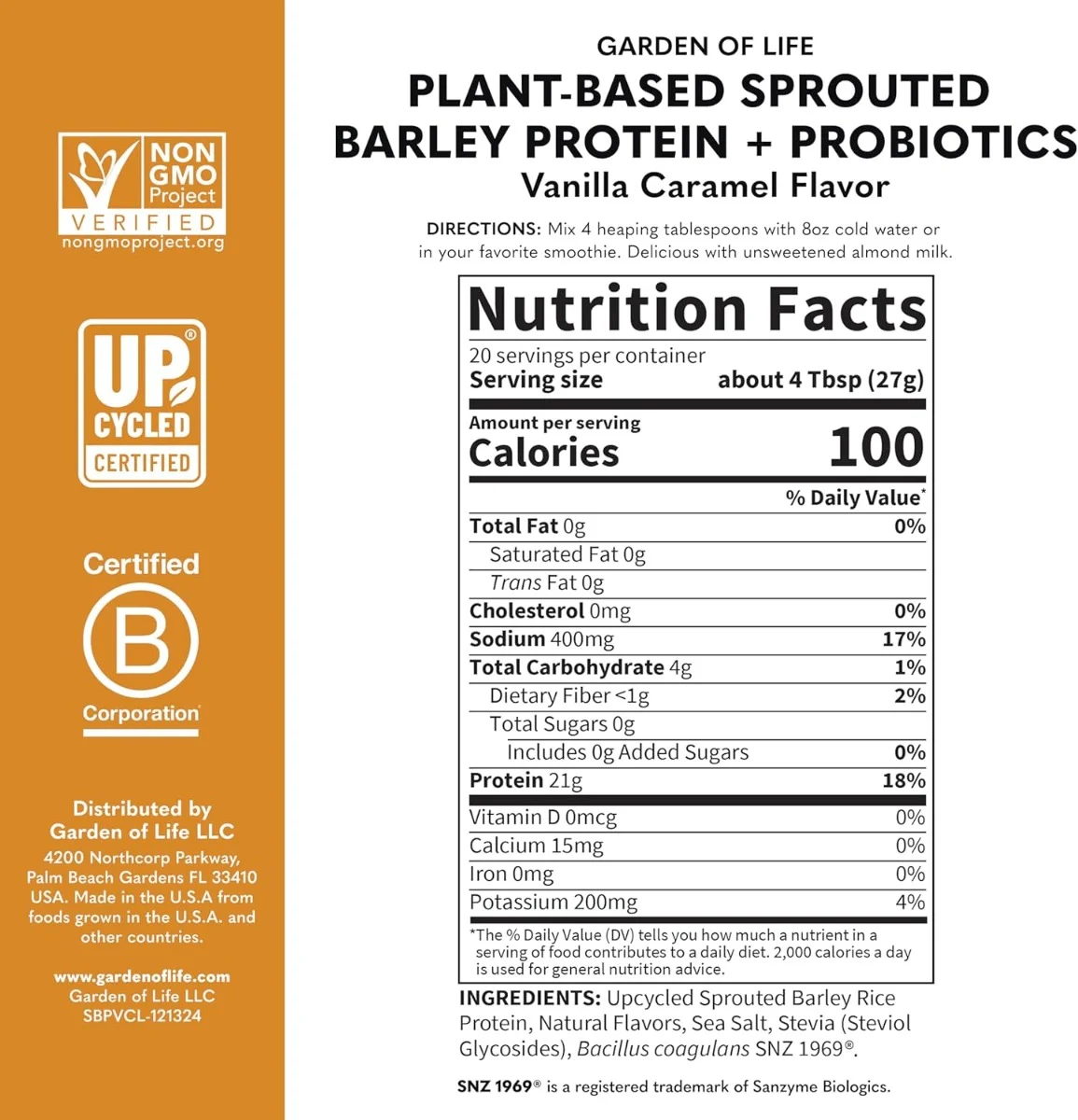 Garden of Life, Plant‑Based Sprouted Barley Protein + Probiotics, Chocolate, 1 lb 4 oz (564 g)