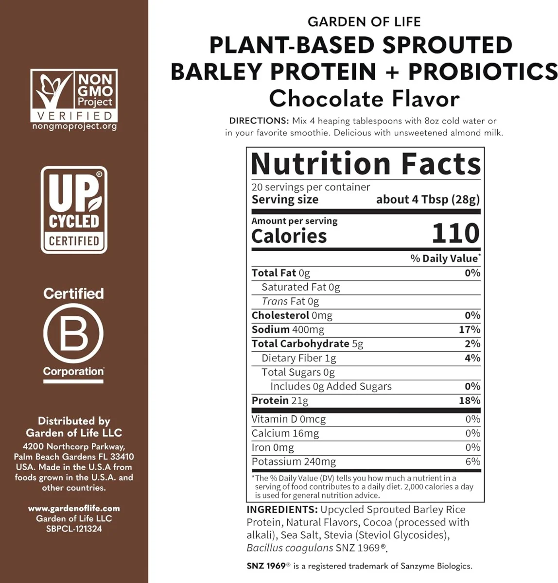 Garden of Life, Plant‑Based Sprouted Barley Protein + Probiotics, Chocolate, 1 lb 4 oz (564 g)