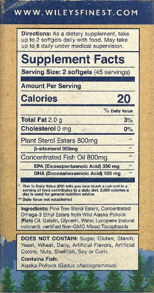 Wiley's Finest Wild Alaskan Fish Oil Cholesterol Support - 800 mg - 90 Softgels
