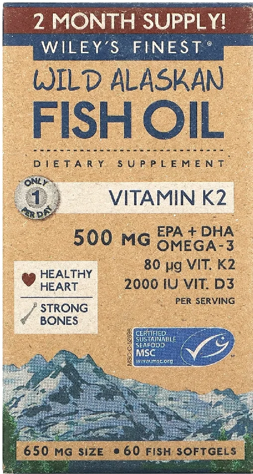 Wiley's Finest Wild Alaskan Fish Oil Vitamin K2 - 60 Softgels