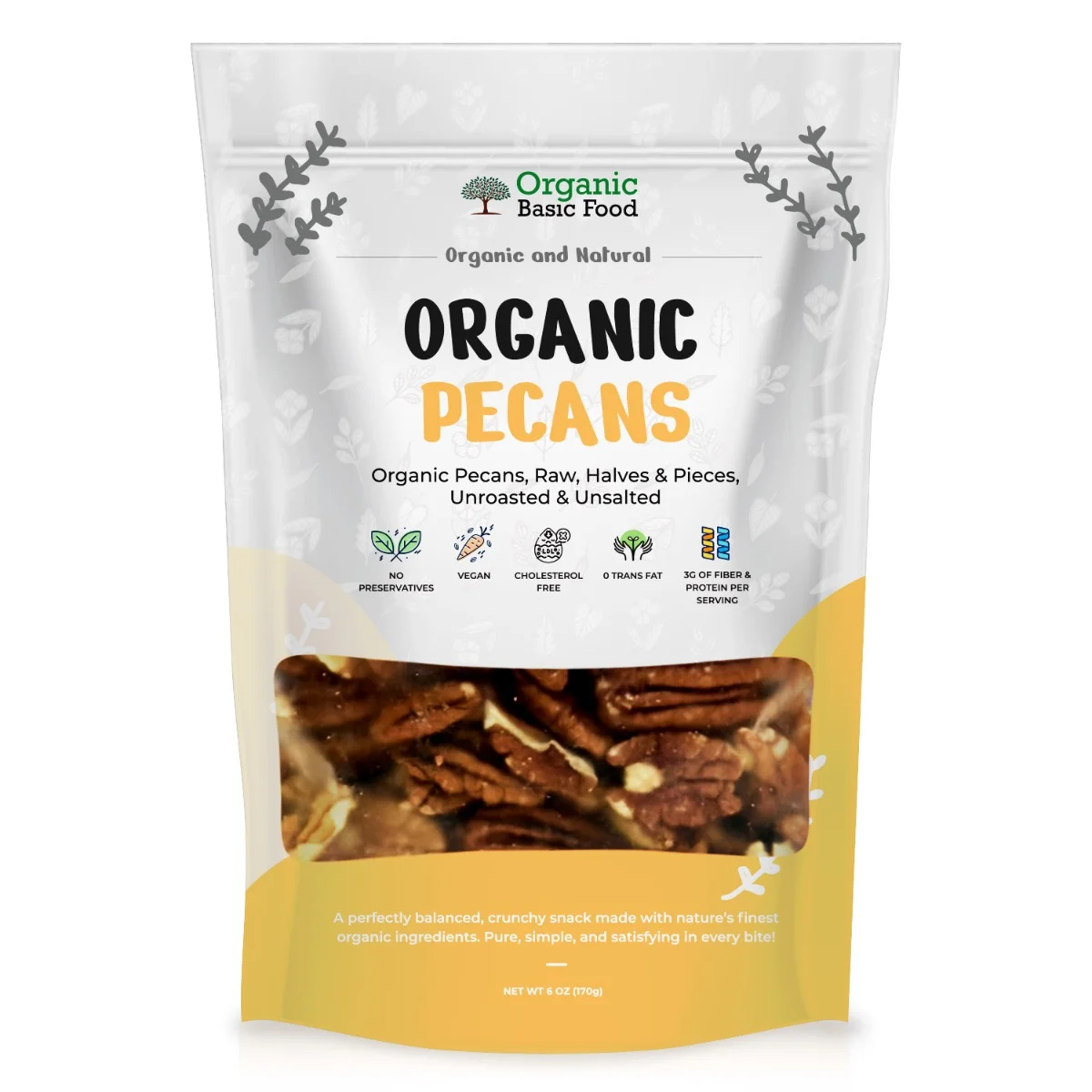 Organic Pecans, Raw, Halves & Pieces | Non-GMO | Vegan | Gluten-Free - 6 oz
