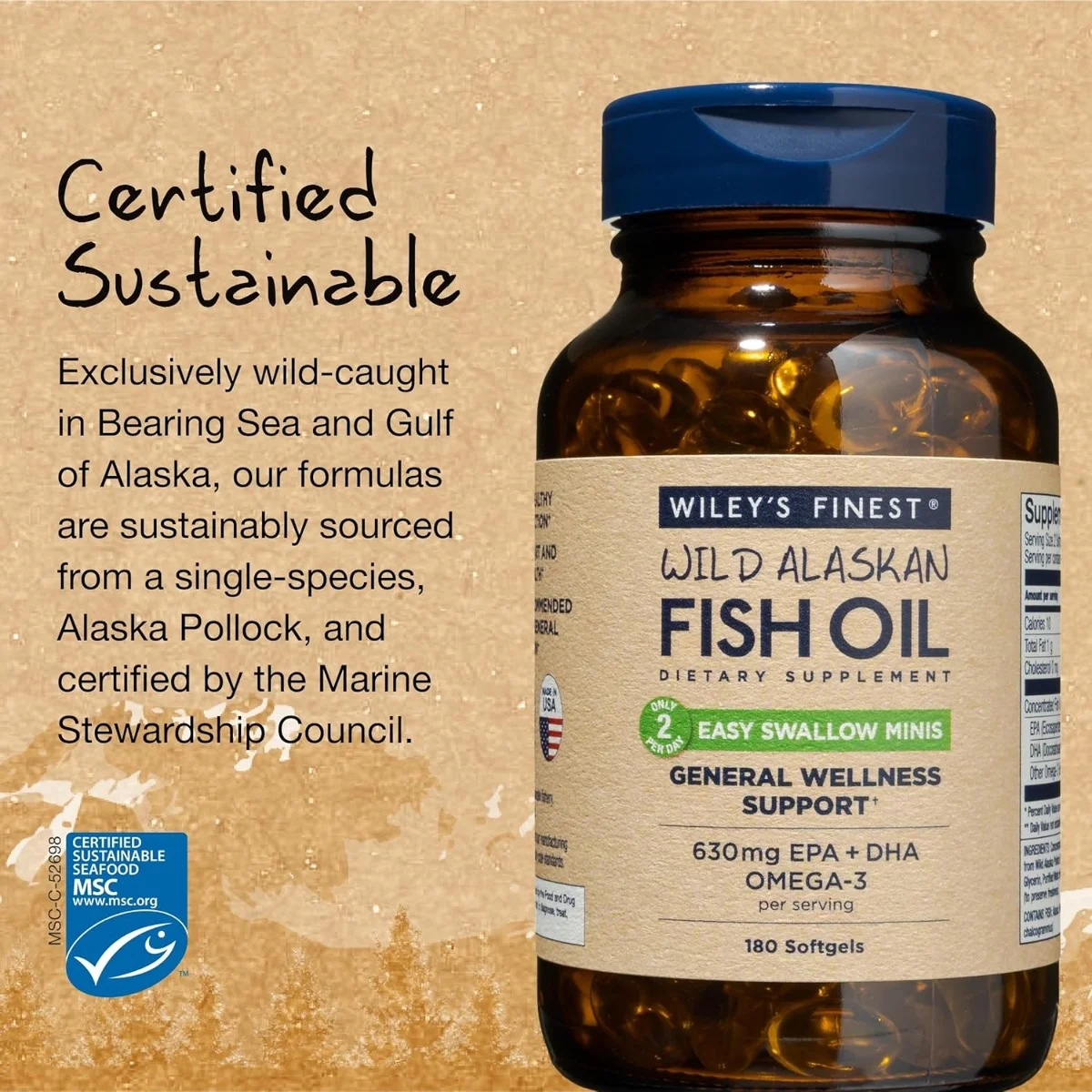 Wiley's Finest Wild Alaskan Fish Oil Easy Swallow Minis - 630 mg - 180 Softgels