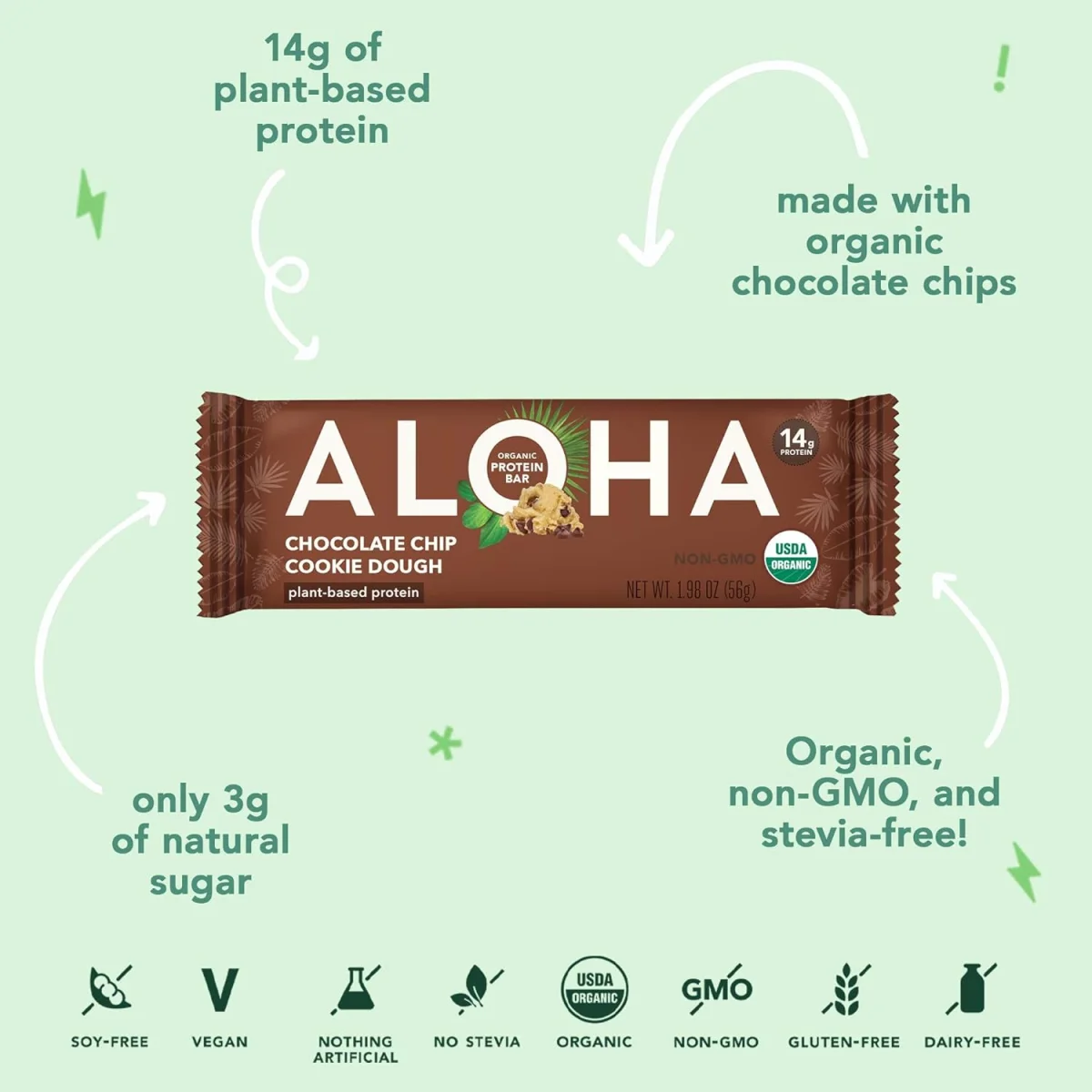 ALOHA Organic Plant-Based Protein Bar, Chocolate Chip Cookie Dough - 1.98 oz