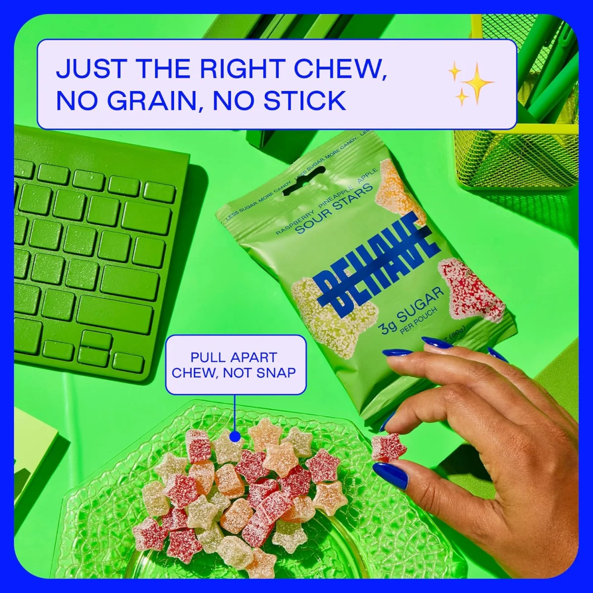 BEHAVE Low Sugar Gummy Candy, Sour Stars Raspberry Pineapple Apple
