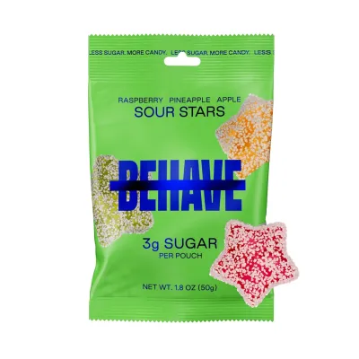 BEHAVE Low Sugar Gummy Candy, Sour Stars Raspberry Pineapple Apple