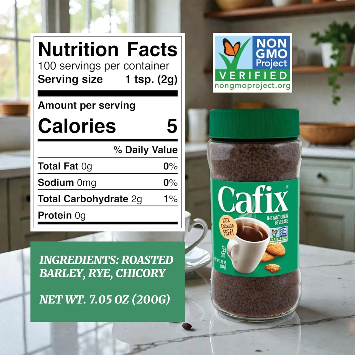 Cafix Non-GMO Instant Beverage, Caffeine Free - 7.05 oz