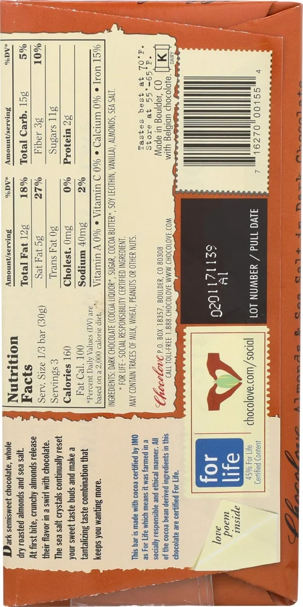 Chocolove Dark Chocolate Bar, Almonds & Sea Salt - 3.2 oz