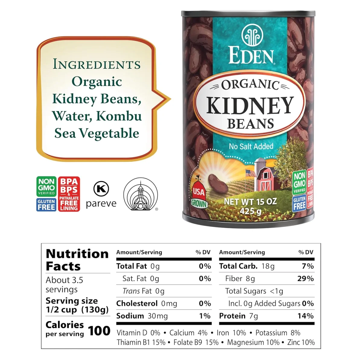 Eden Organic Kidney Beans, No Salt Added - 15 oz