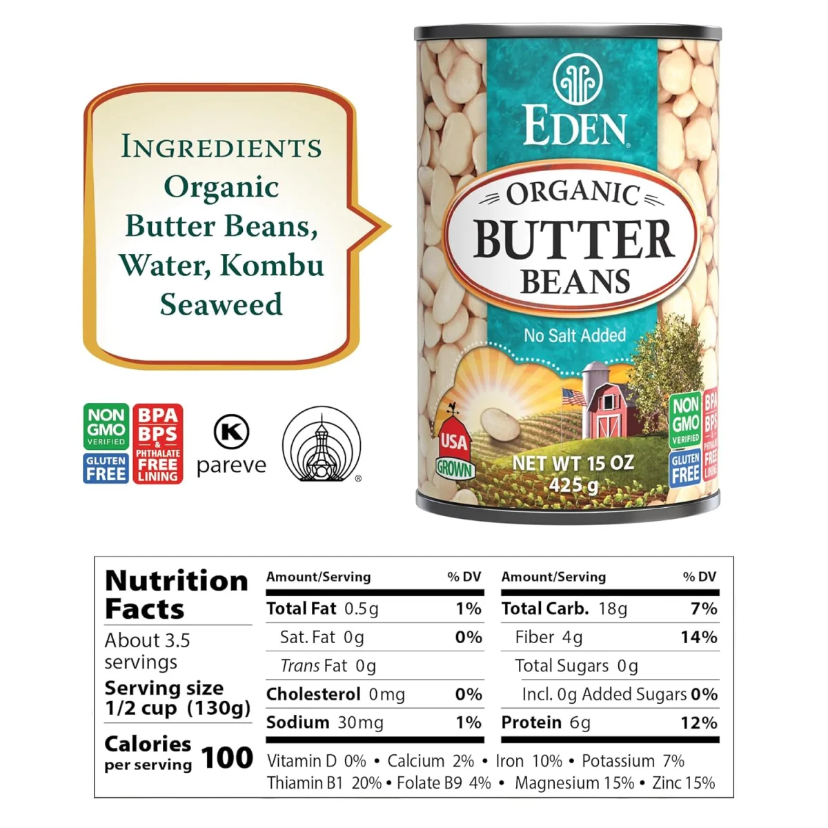 Eden Organic Butter Beans, No Salt Added - 15 oz