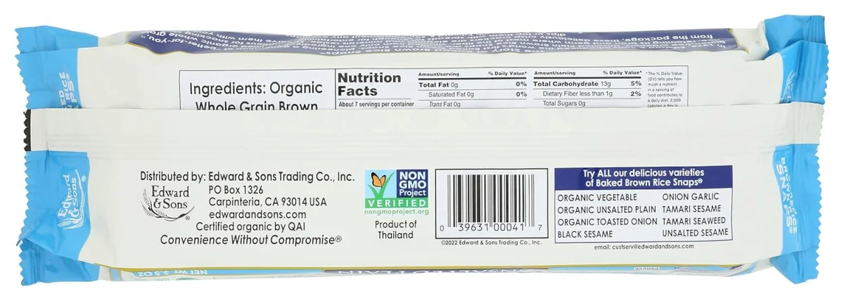 Edward & Sons Organic Brown Rice Snaps, Gluten Free Unsalted Plain - 3.5 oz