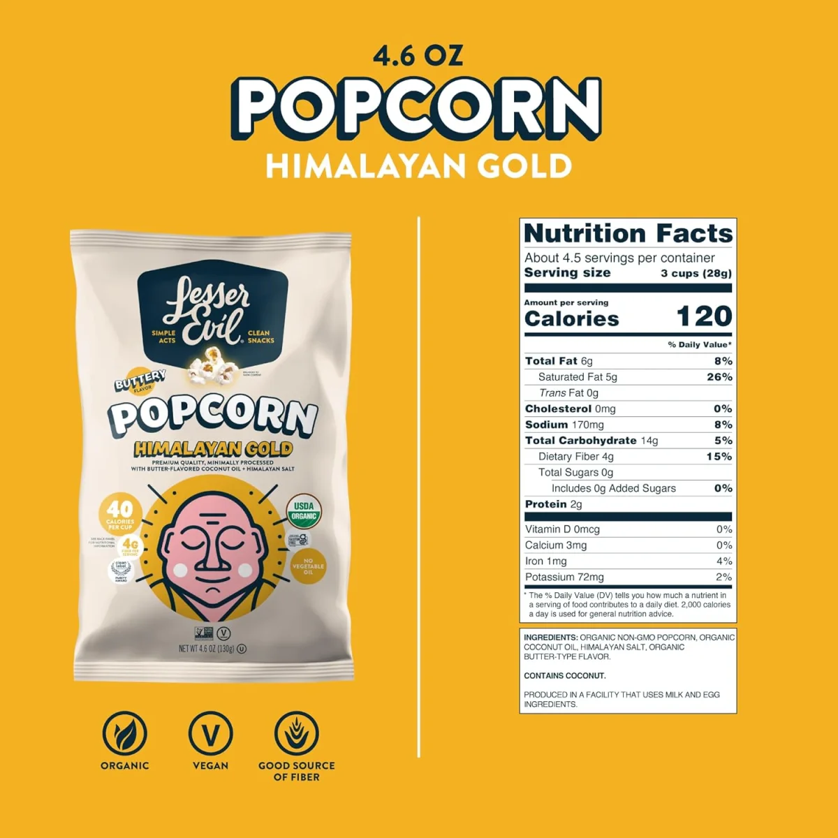 LesserEvil Buddha Bowl Organic Popcorn, Himalayan Gold - 4.6 oz