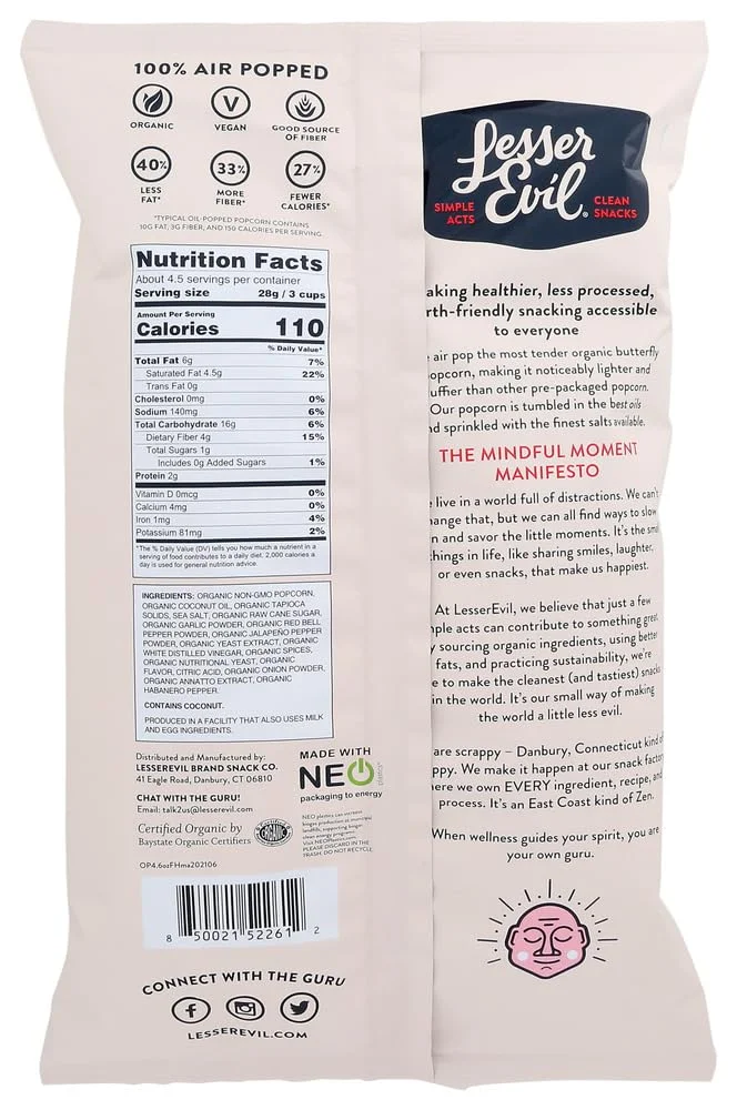 LesserEvil Organic Popcorn, Fiery Hot - 4.6 oz