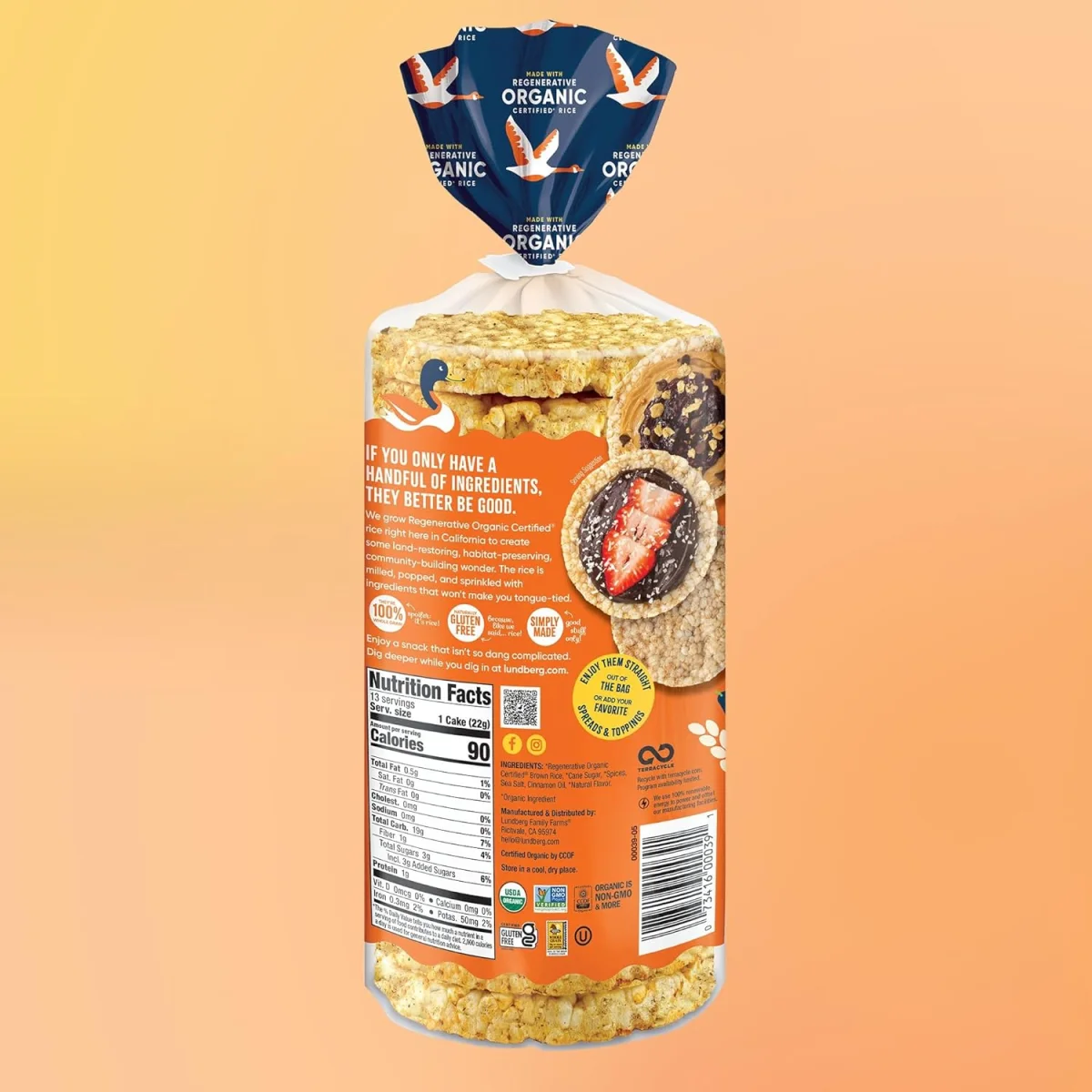 Lundberg Brown Rice Cakes Organic Whole Grain, Sweet & Spiced Cinnamon Toast - 9.5 oz