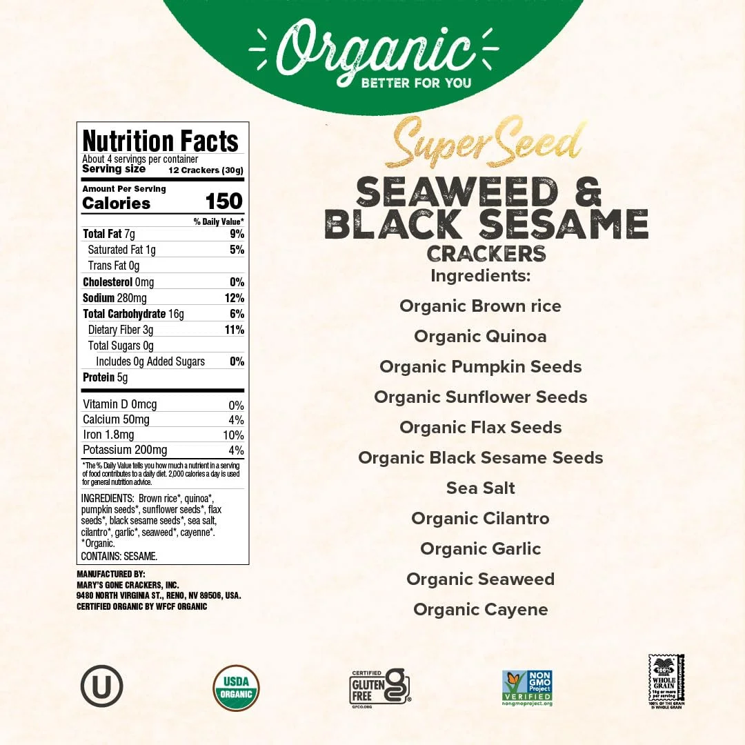 Mary's Gone Crackers Organic Super Seed Crackers, Seaweed & Black Sesame - 4 oz
