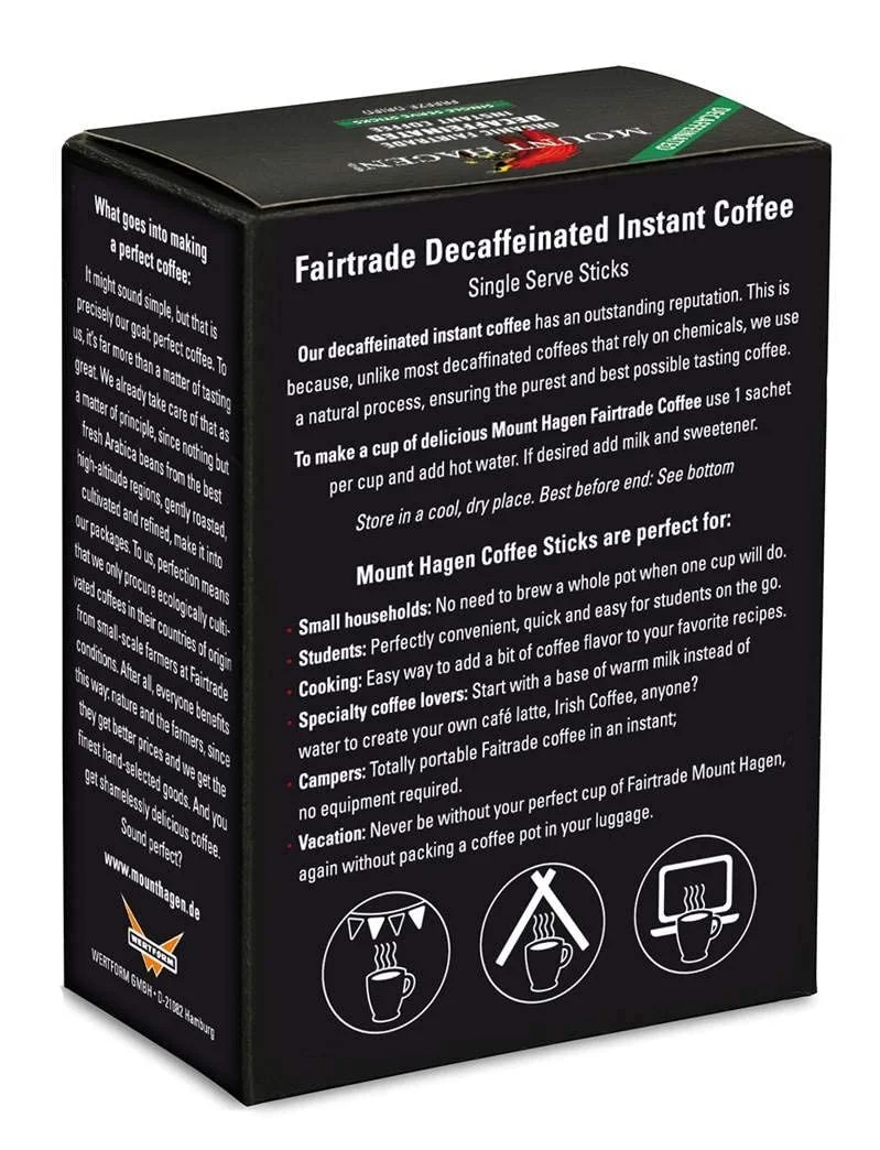 Mount Hagen Organic Fairtrade Decaffeinated Instant Coffee Single Serve Sticks