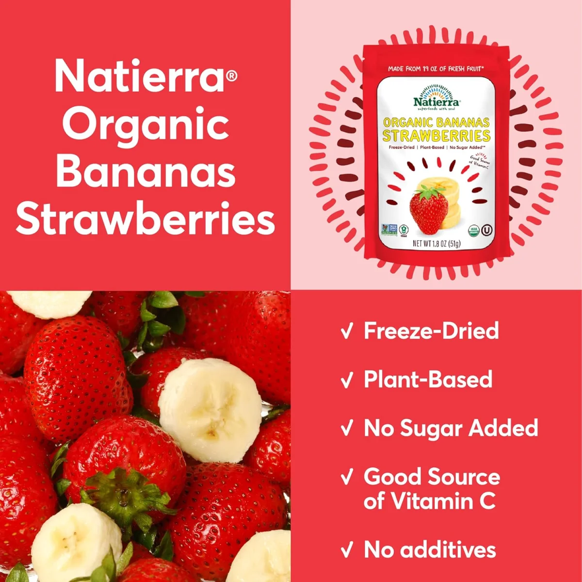Natierra Organic Freeze Dried Bananas & Strawberries - 1.8 oz