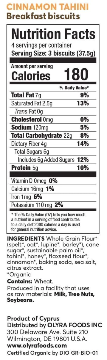 Olyra Organic Breakfast Biscuits, Cinnamon Tahini