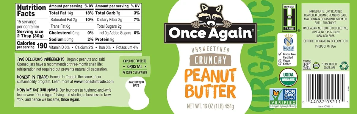 Once Again Unsweetened Crunchy Peanut Butter - 16 oz