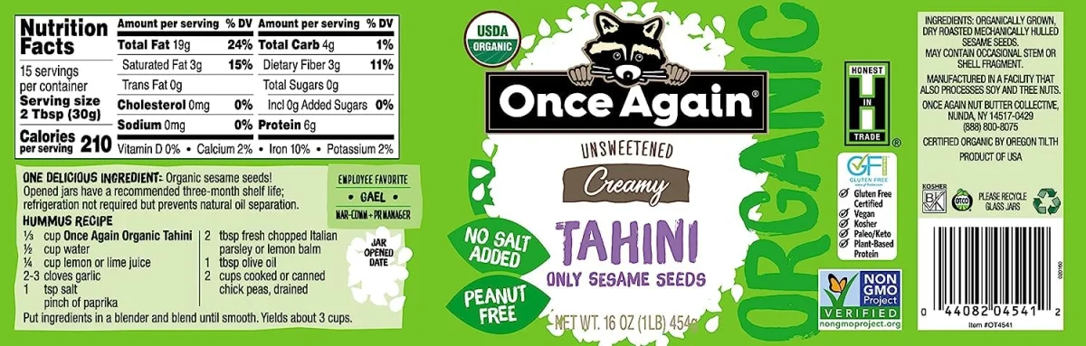 Once Again Organic Unsweetened Tahini, Creamy - 16 oz