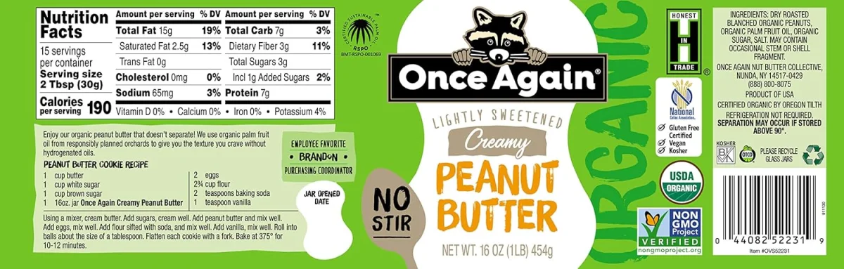 Once Again Organic Peanut Butter, Creamy Lightly Sweetened - 16 oz