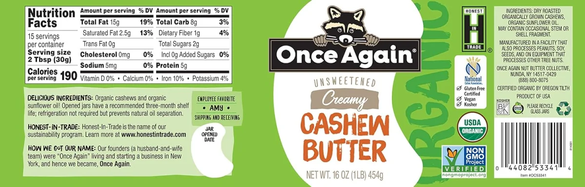 Once Again Cashew Butter, Creamy Unsweetened - 16 oz