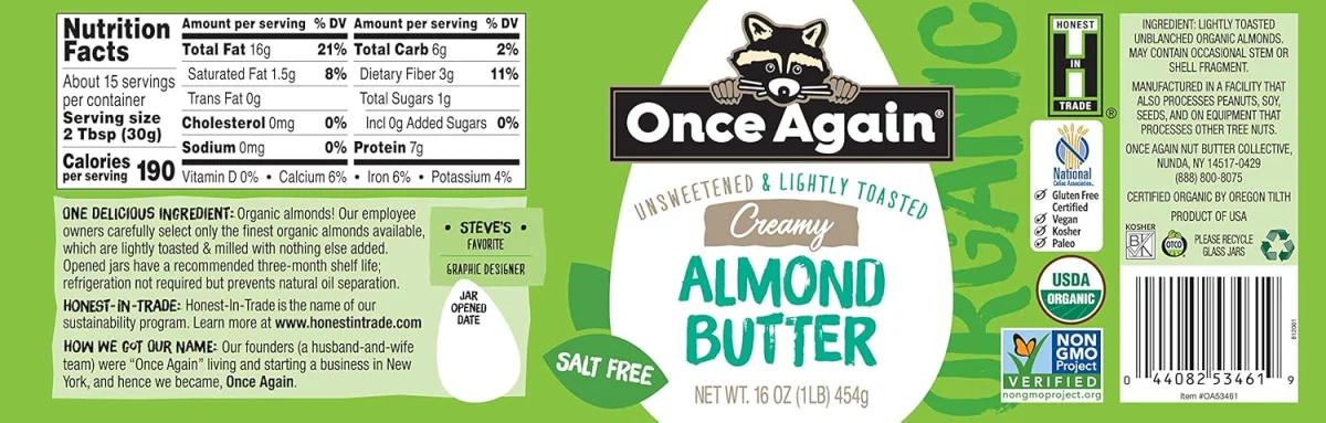 Once Again Creamy Organic Almond Butter, Lightly Toasted - 16 oz