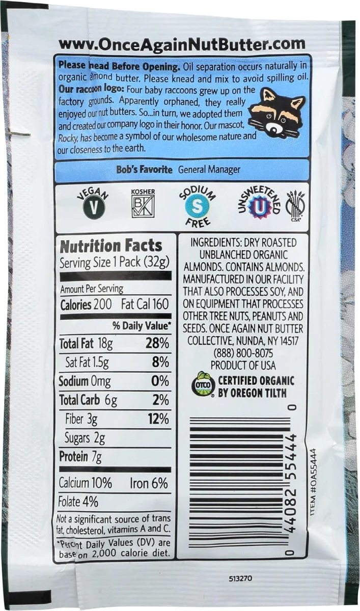 Once Again Organic Creamy Almond Butter, Non-GMO - 1.15 oz