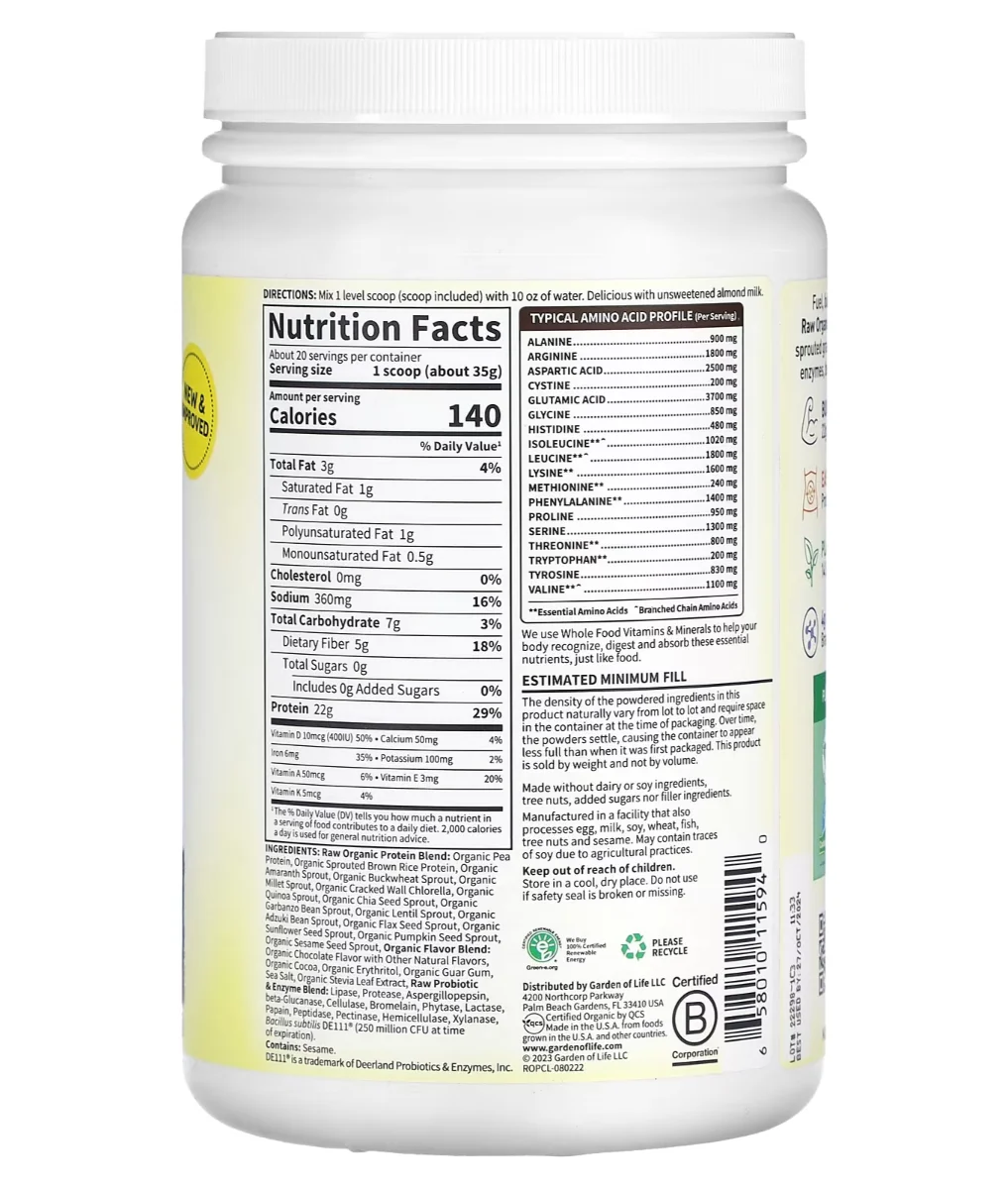 Garden of Life RAW Organic Protein Plant-Based Formula Chocolate - 24.69 oz