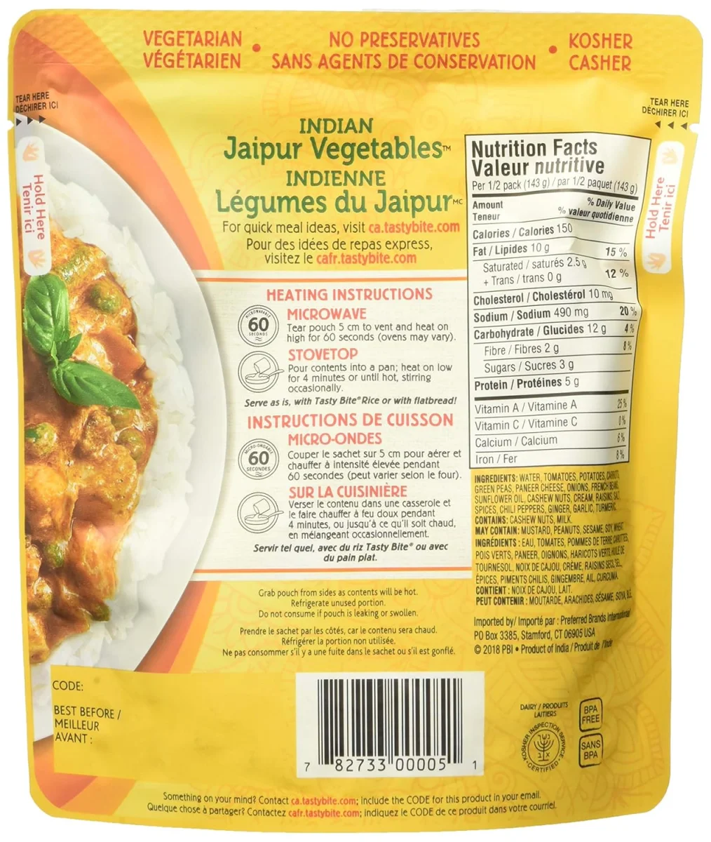 Tasty Bite Gluten Free Non-GMO Vegetables & Paneer - 10 oz