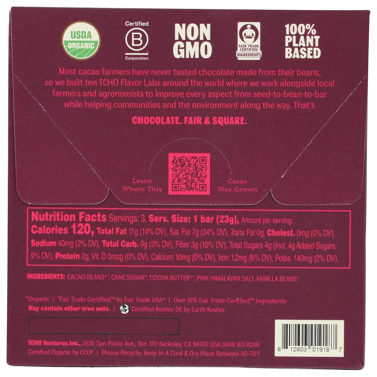 TCHO Organic Dark Chocolate with Sea Salt (Salty) - 2.5 oz