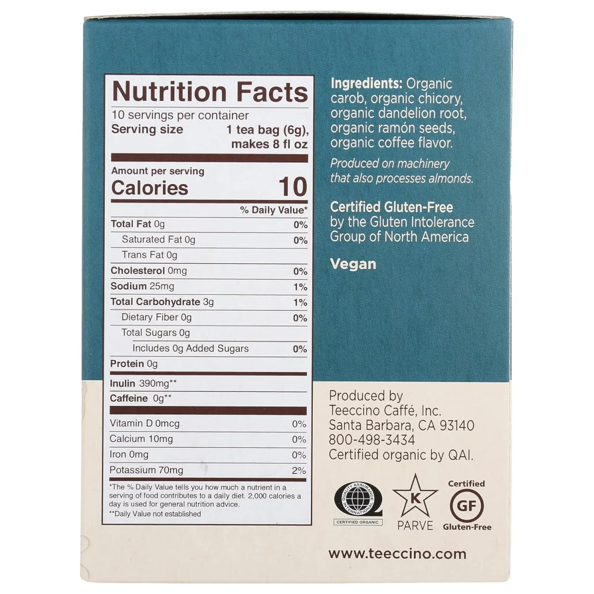 Teeccino Dandelion Herbal Tea - 50 Tea Bags