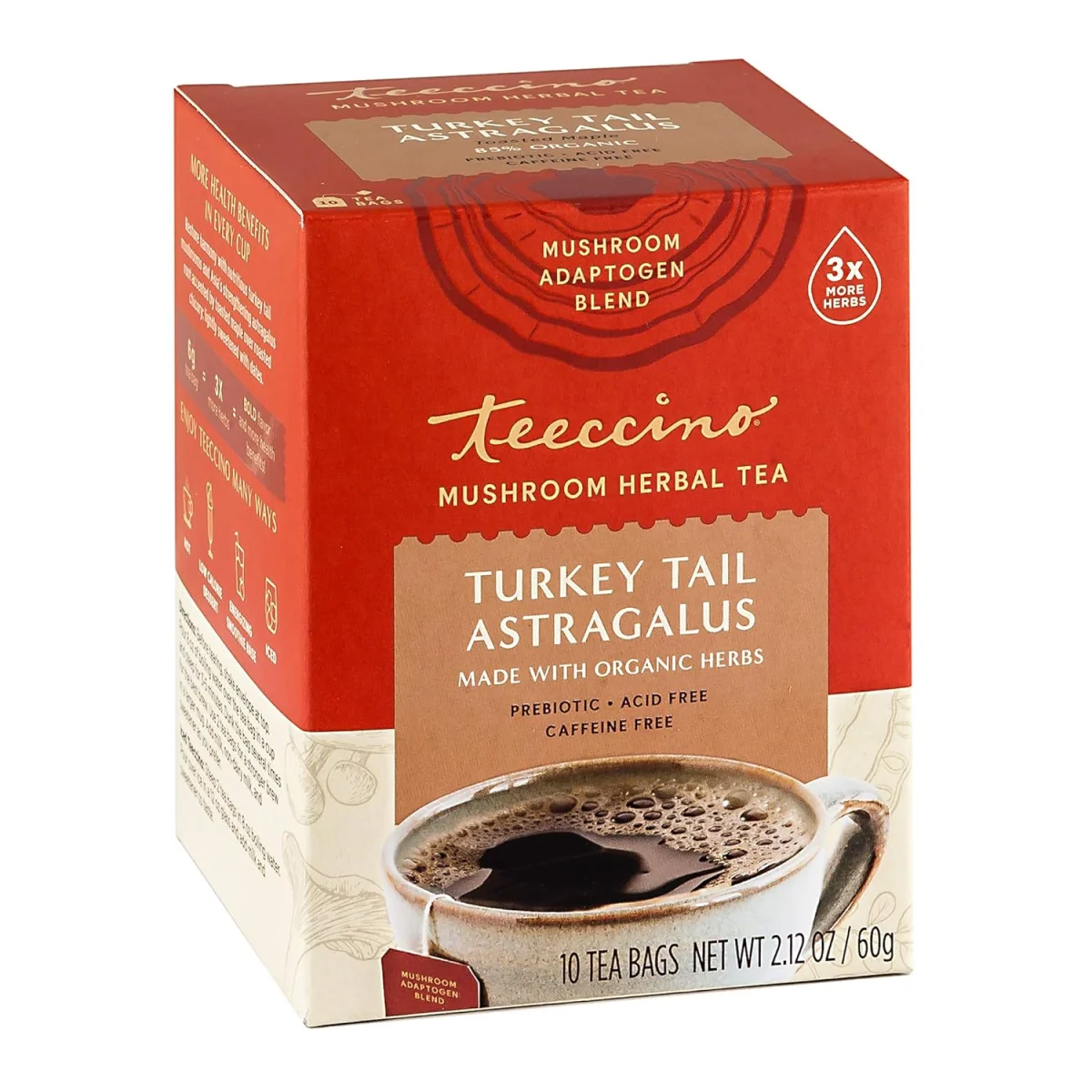 Teeccino Mushroom Herbal Tea, Turkey Tail Astragalus, Caffeine Free - 10 Tea Bags