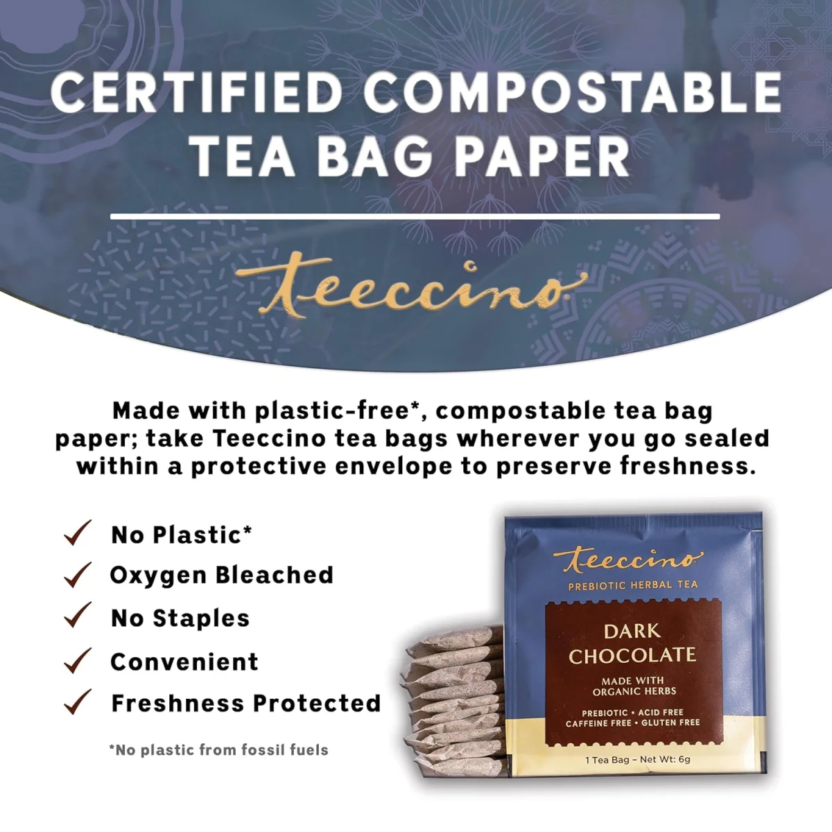Teeccino Prebiotic Superboost Herbal Tea, Dark Chocolate - 10 Tea Bags