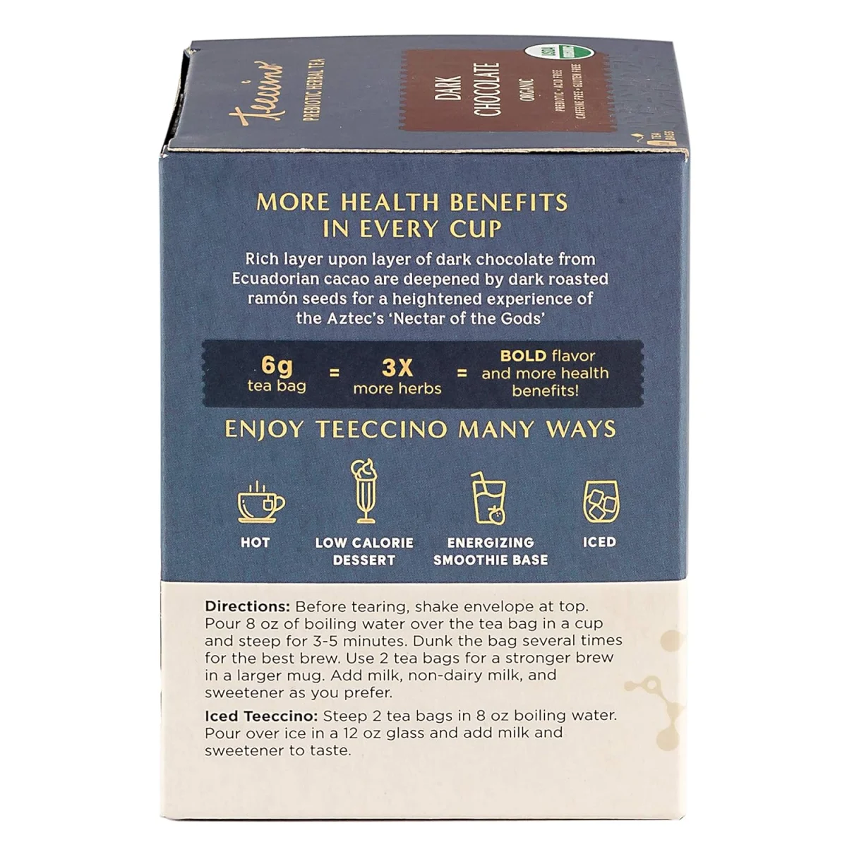 Teeccino Prebiotic Superboost Herbal Tea, Dark Chocolate - 10 Tea Bags