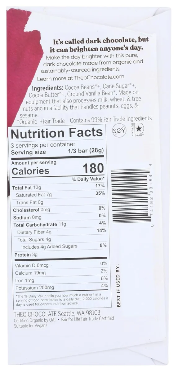 Theo Organic 85% Dark Chocolate Bar, Unflavored - 3 oz