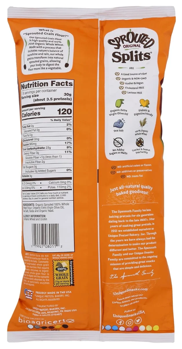 Unique Sprouted Whole Grain Wheat Pretzel Splits, Original - 8 oz