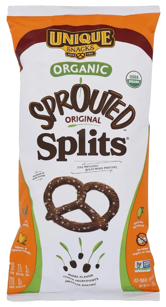 Unique Sprouted Whole Grain Wheat Pretzel Splits, Original - 8 oz