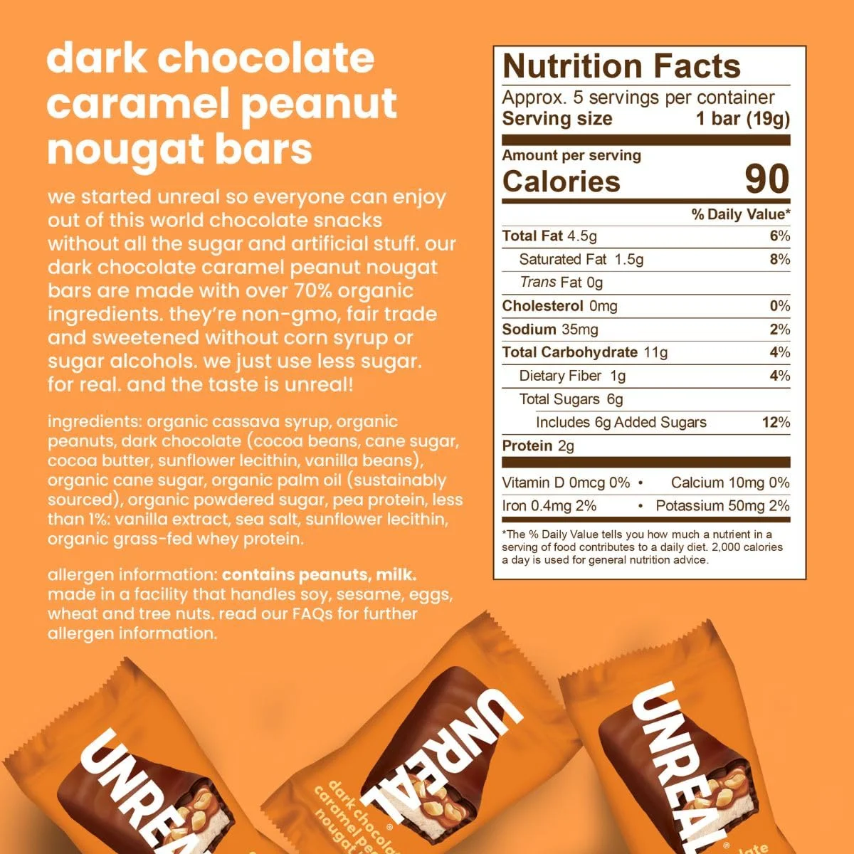 Unreal Dark Chocolate Caramel Peanut Nougat Candy Bars - 3.4 oz