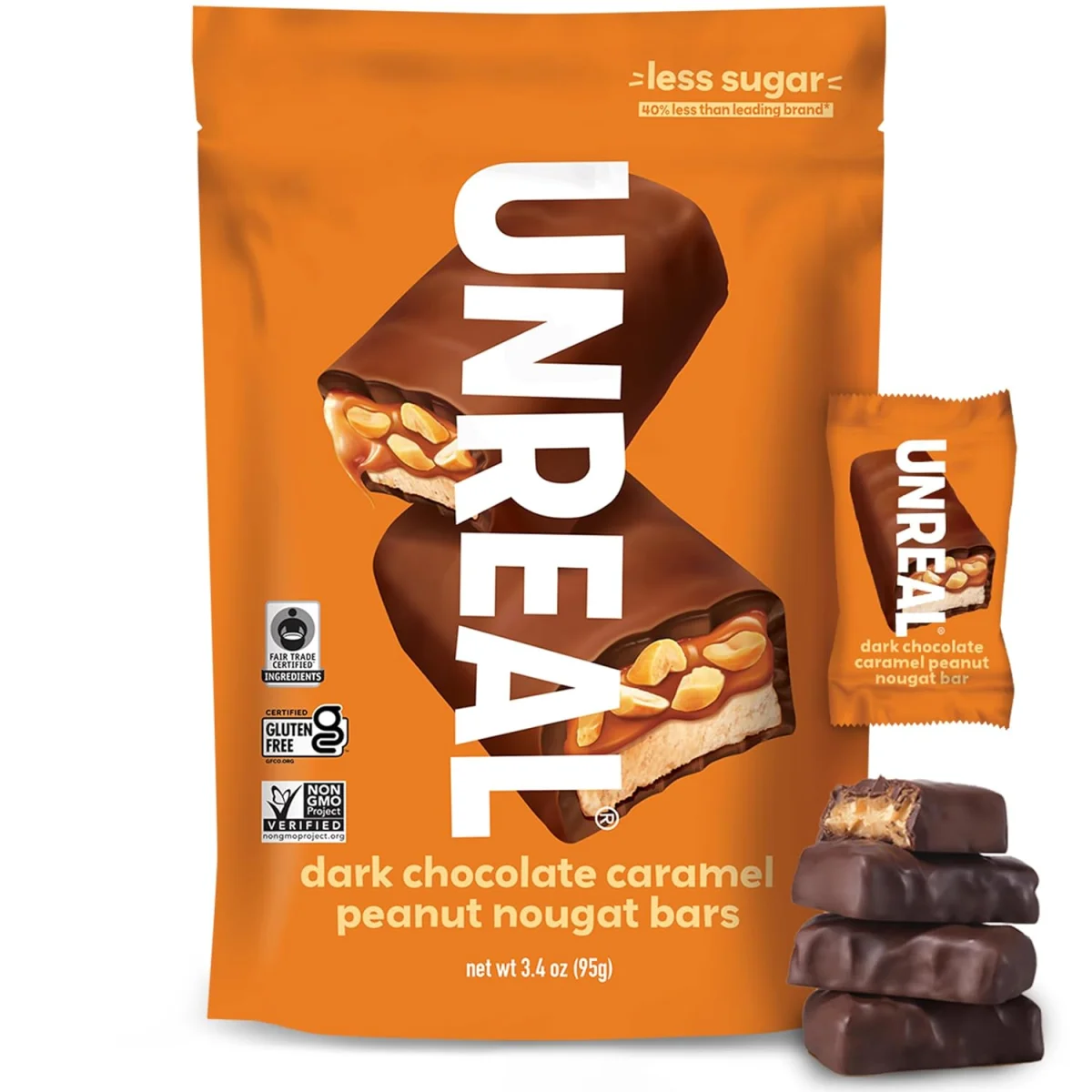 Unreal Dark Chocolate Caramel Peanut Nougat Candy Bars - 3.4 oz